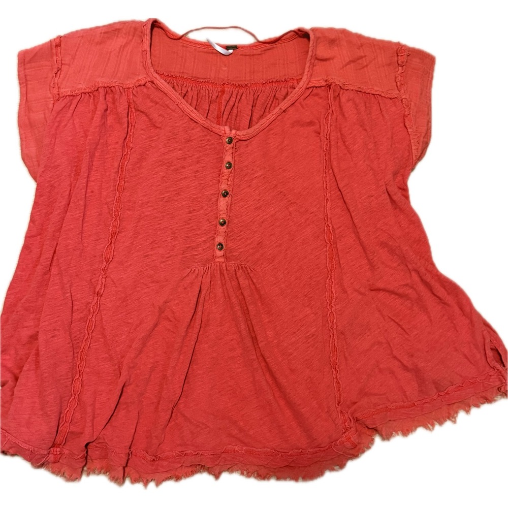 Free People We The Free Coral Pink Henley Raw Edge Cap Sleeve Top XS